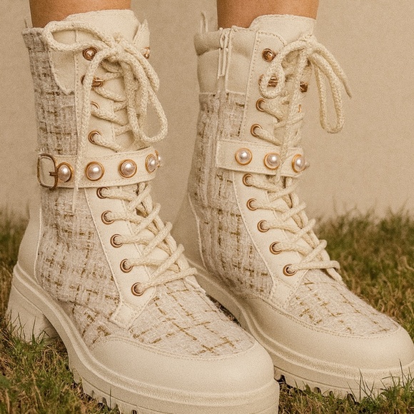 MWOT White Tweed & Leather Ankle Boots with Pearl Accent Strap - Picture 1 of 5